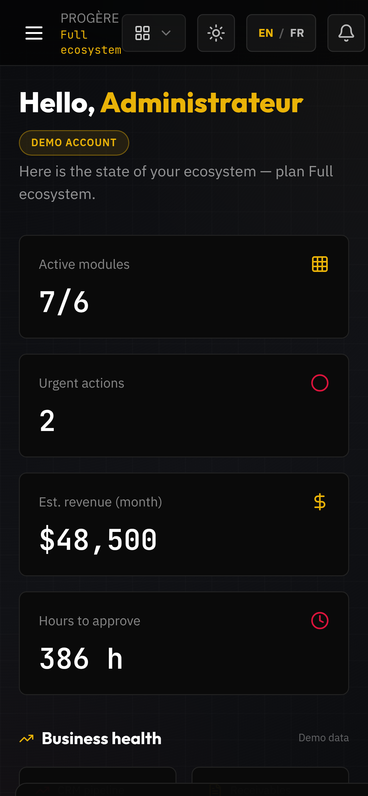 App mobile — Tableau de bord
